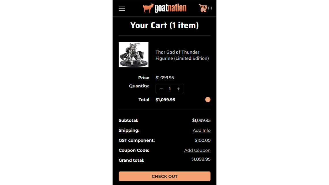 GoatNation mobile page view of shopping cart
